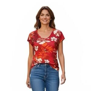 Chicos Travelers Red White Tropical Print Blouse Ruched Shoulders Size 1 (Medium